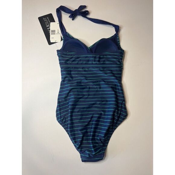 Miraclesuit NWT Size S Padded One Piece Blue Green Stripe Halter Top Slimming - Picture 2 of 8